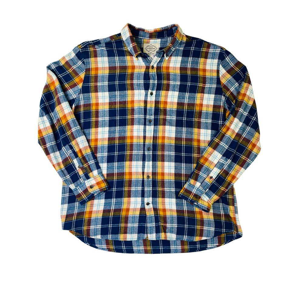 St Johns Bay Mens XXL Flannel Shirt Blue Orange Plaid Super Soft Cotton